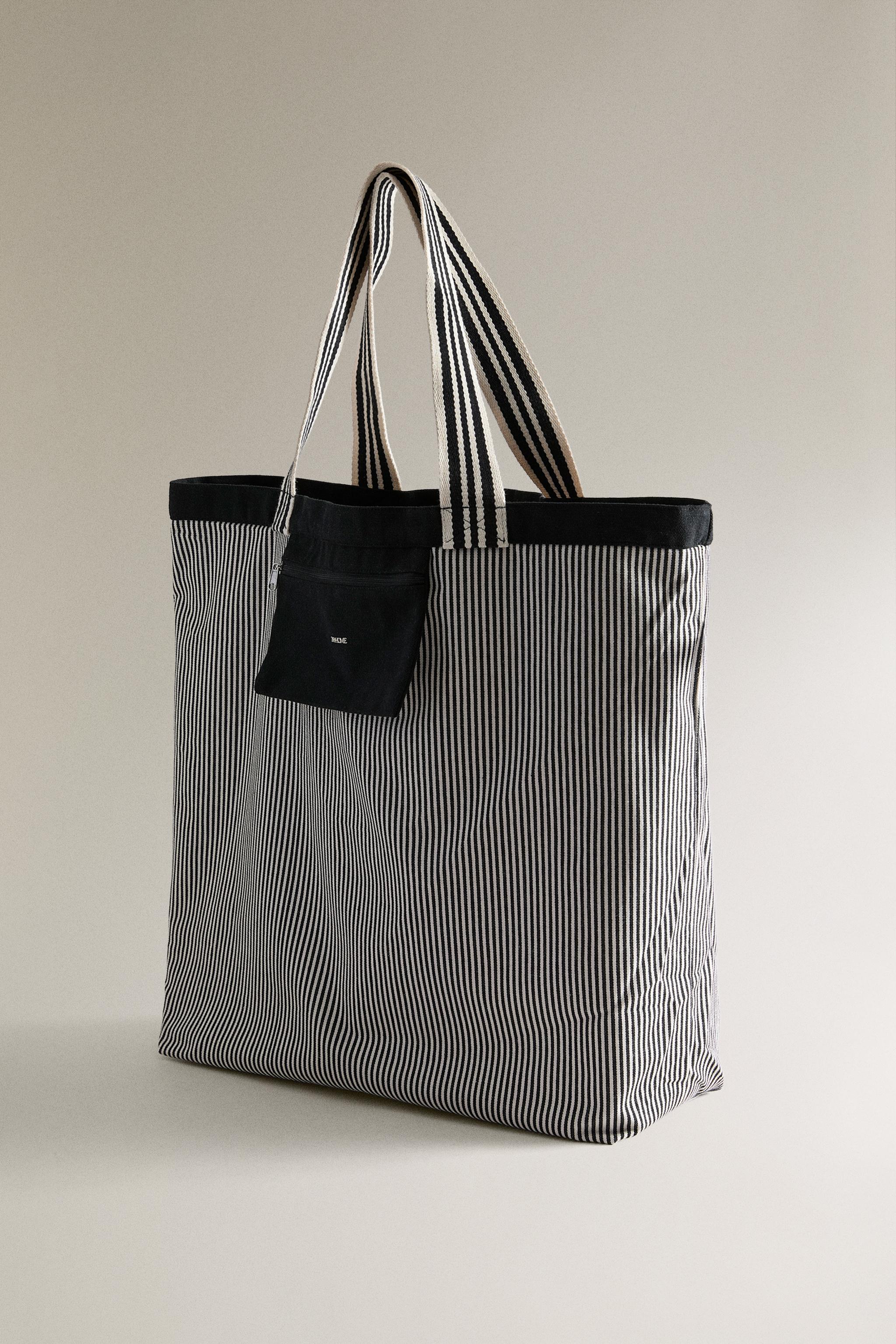 REVERSIBLE FABRIC STRIPED SHOPPER BAG